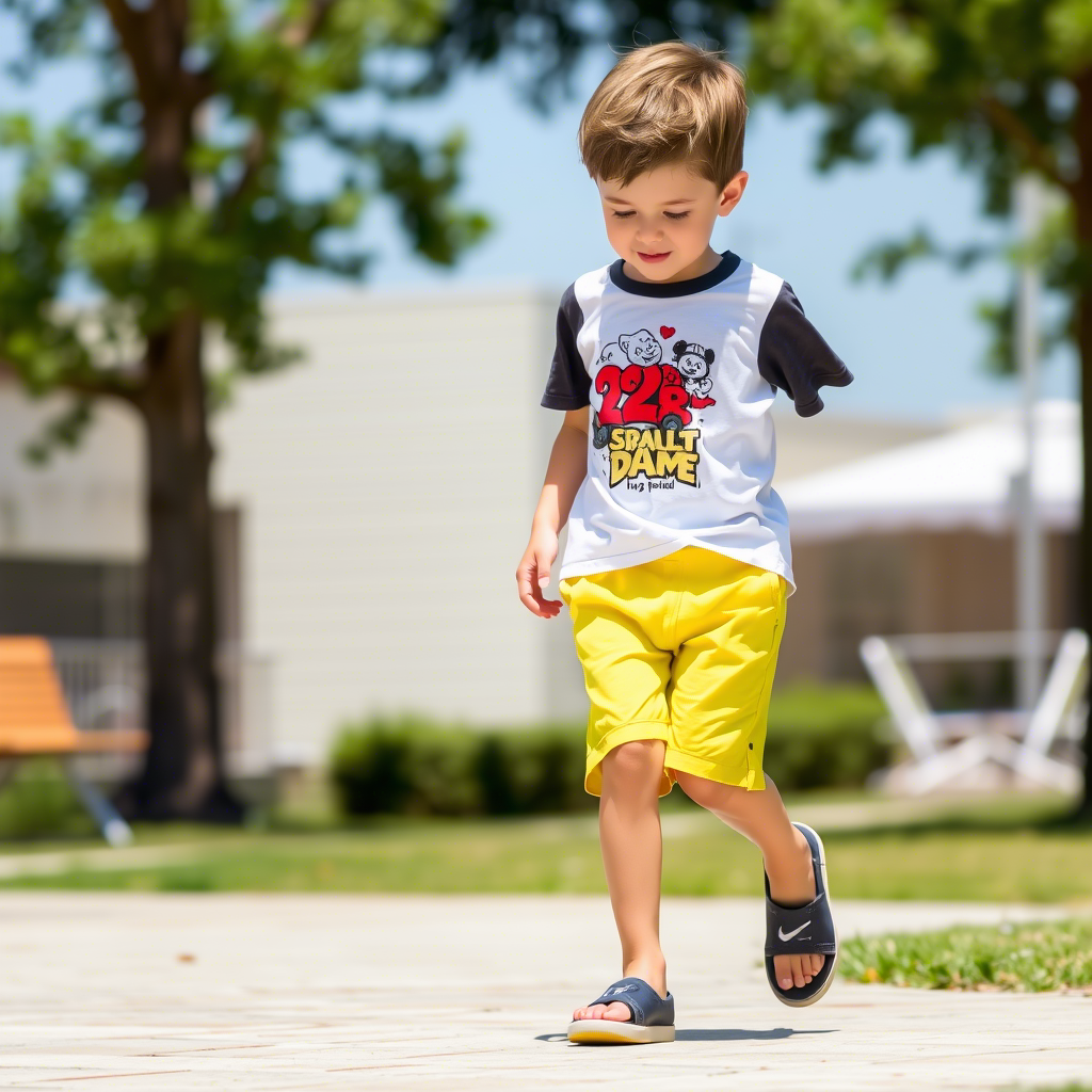Young boy wearing bright yellow shorts and white graphic T-shirt, playing outside on a sunny day