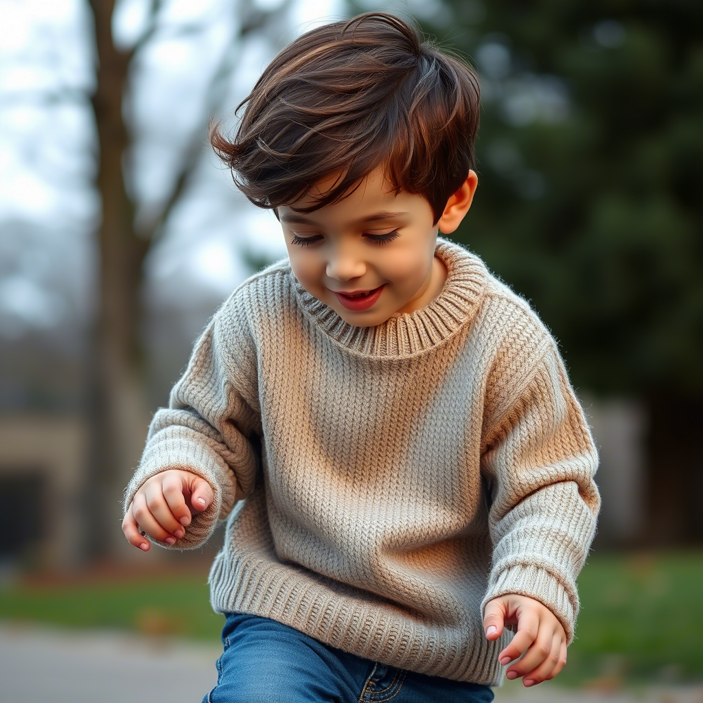 Young boy wearing casual jeans and a cozy sweater playing outside
