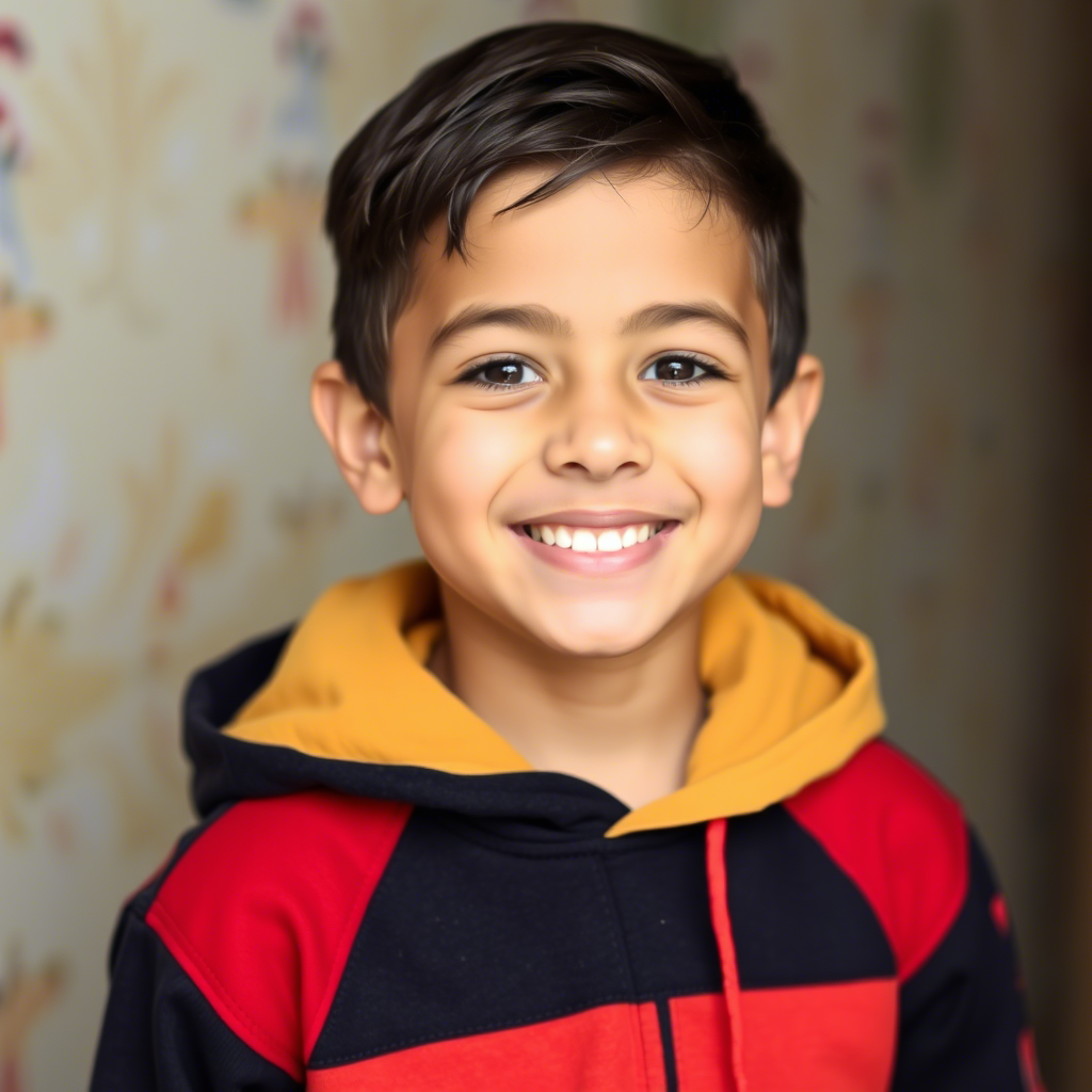 Young boy wearing colorful hoodie and smiling at camera