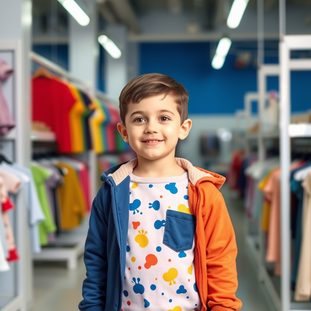 Young boy wearing colorful kids apparel standing in a clothing factory