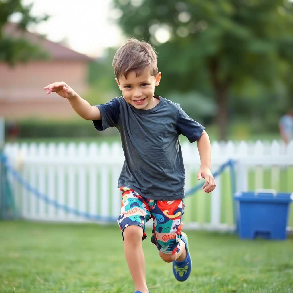Young boy wearing colorful shorts and t-shirt playing outside