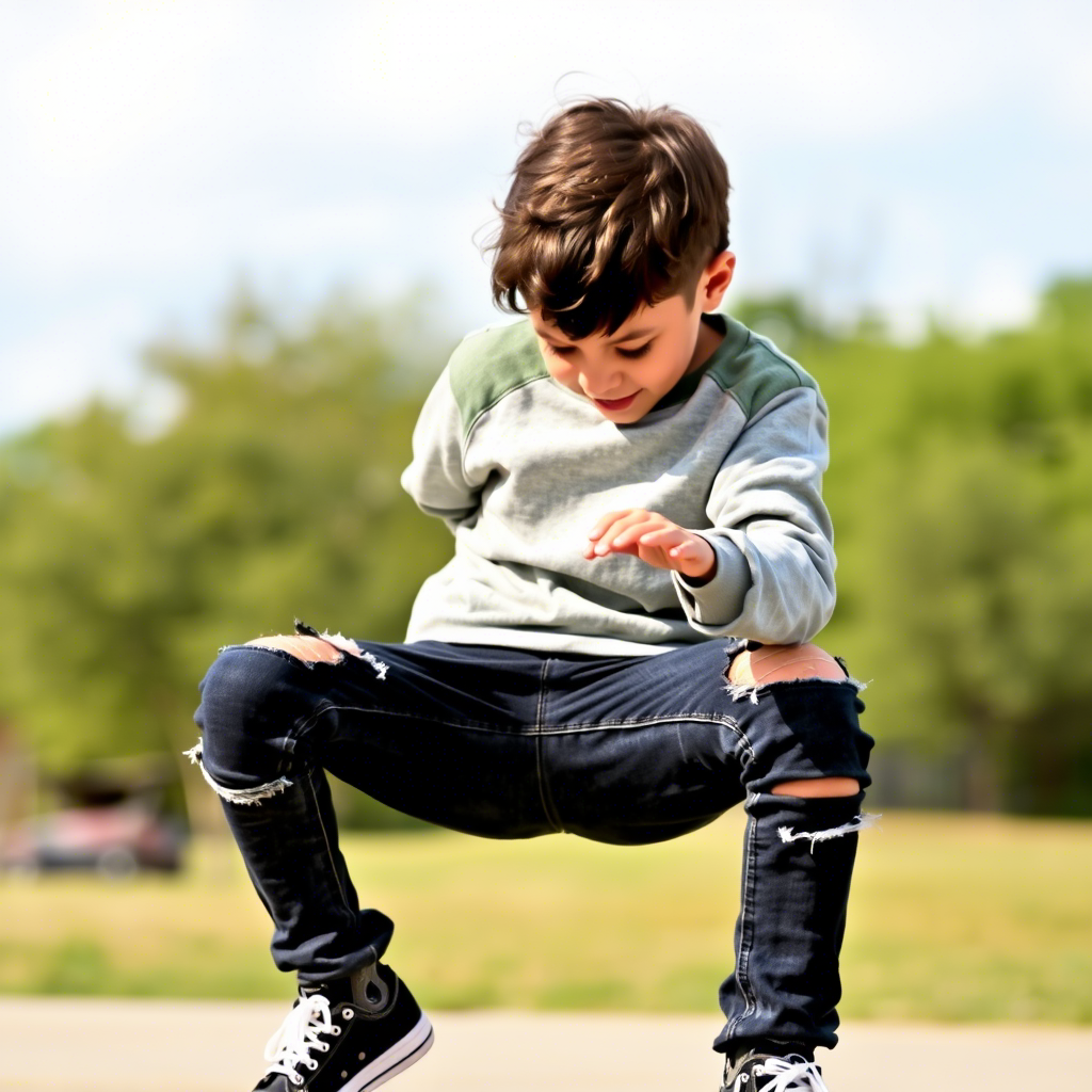 Young boy wearing ripped jeans and a casual sweatshirt playing outside
