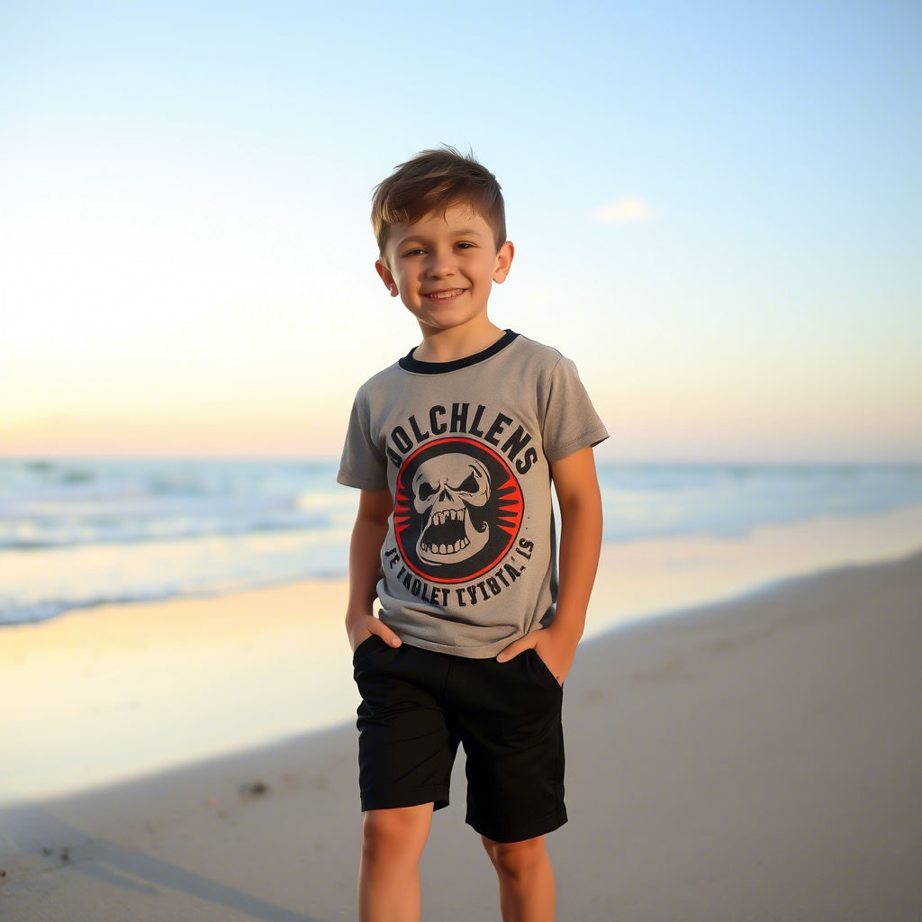 Young boy wearing shorts and a graphic t-shirt on a beach