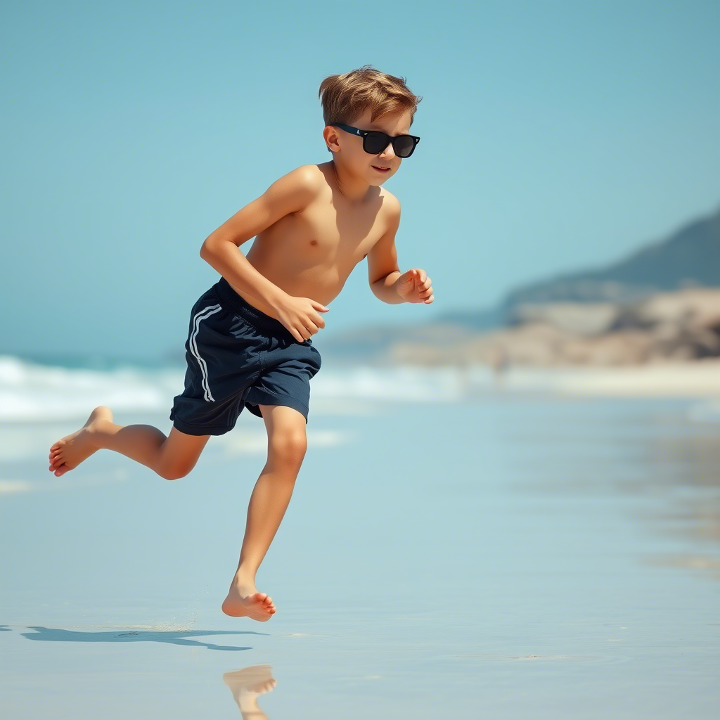 Young boy wearing shorts and sunglasses, running on the beach