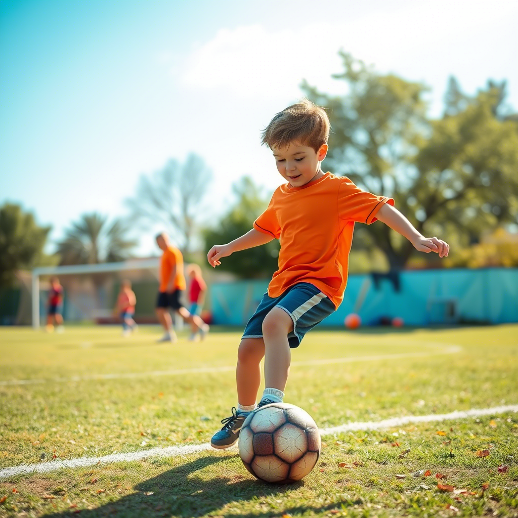 Young boy wearing shorts playing soccer on a sunny day