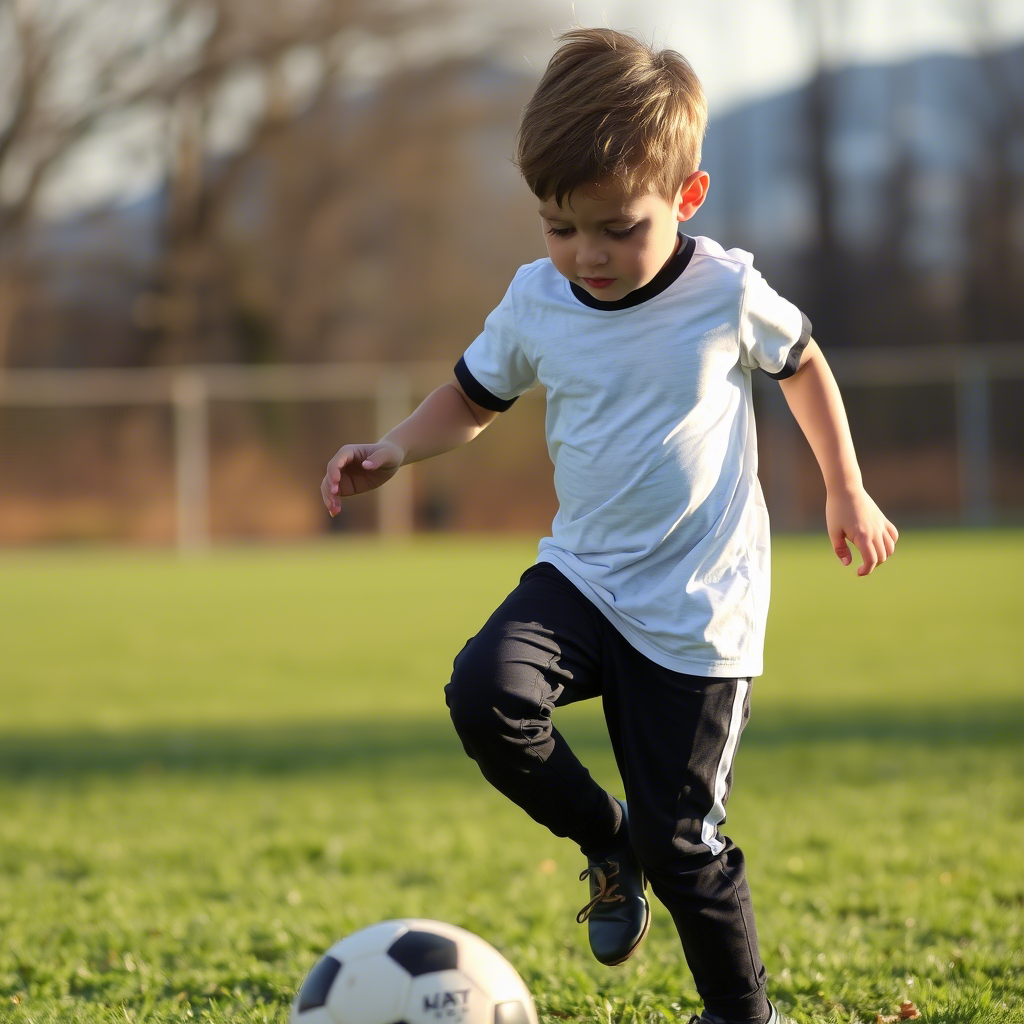 Young boy wearing stain resistant pants playing soccer outdoors