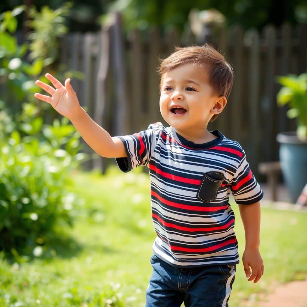 Young boy wearing striped shirt and shorts playing outside
