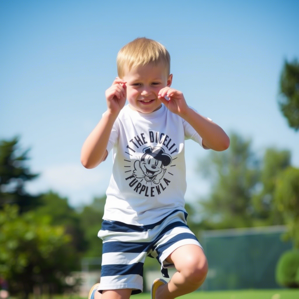 Young boy wearing striped shorts and a white graphic T-shirt, playing outside on a sunny day