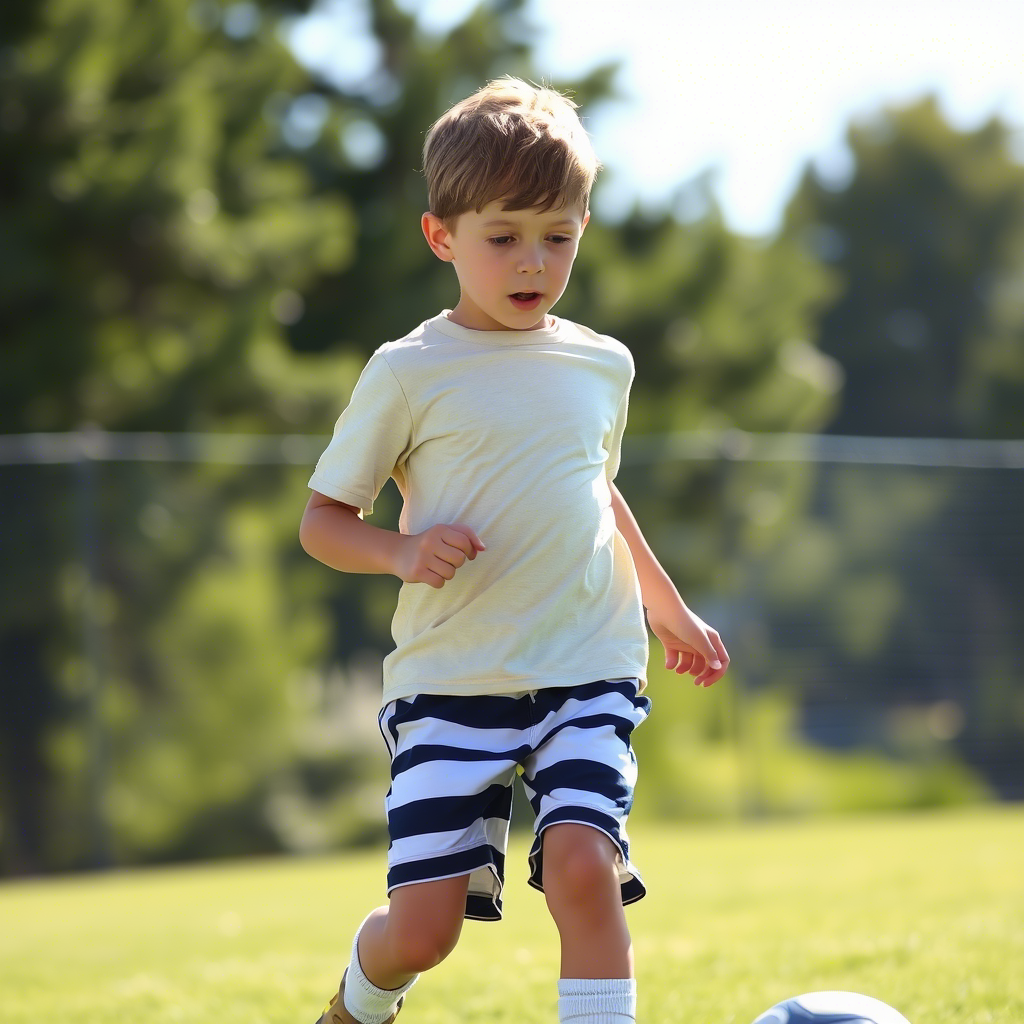Young boy wearing striped shorts and playing soccer on a sunny day