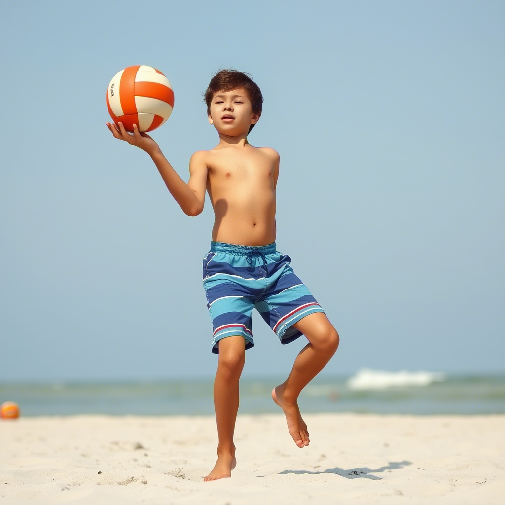 Young boy wearing striped shorts playing beach volleyball