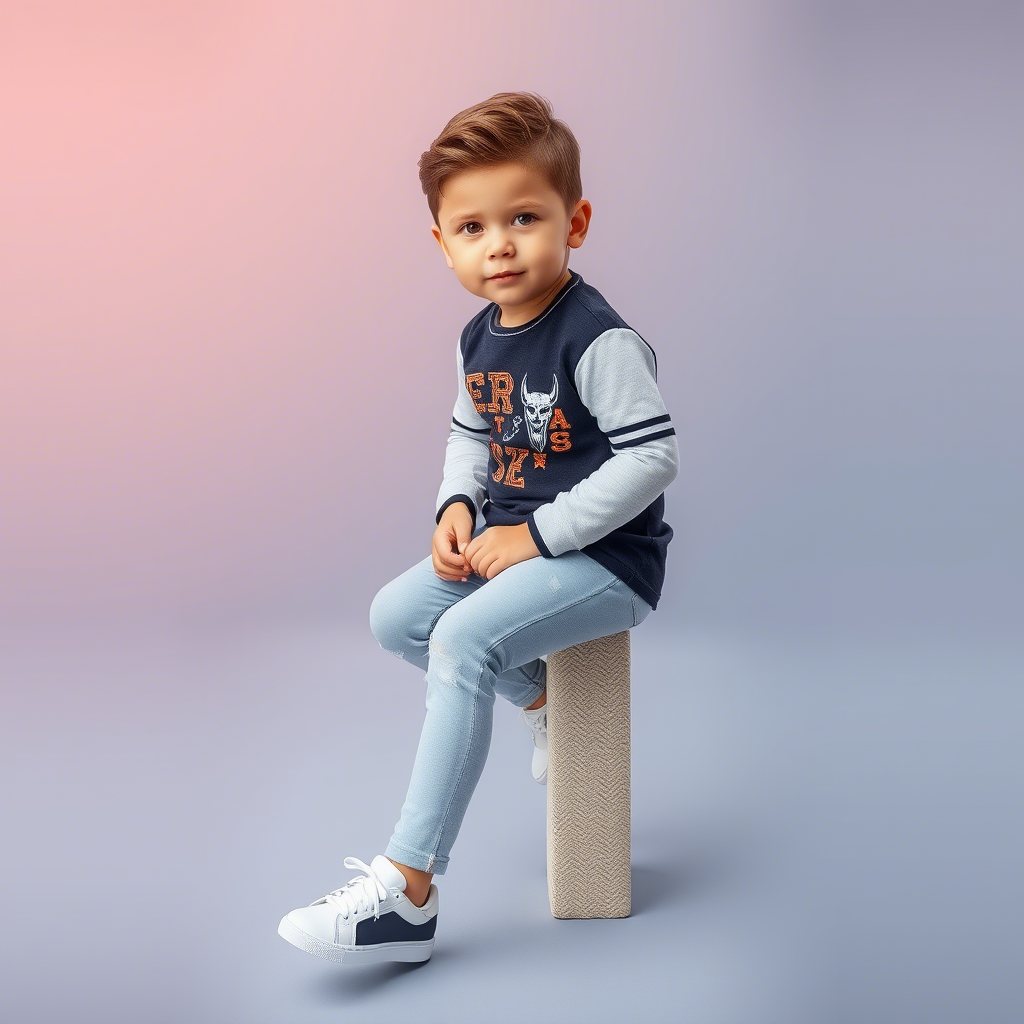 Young boy wearing stylish casual outfit with sneakers