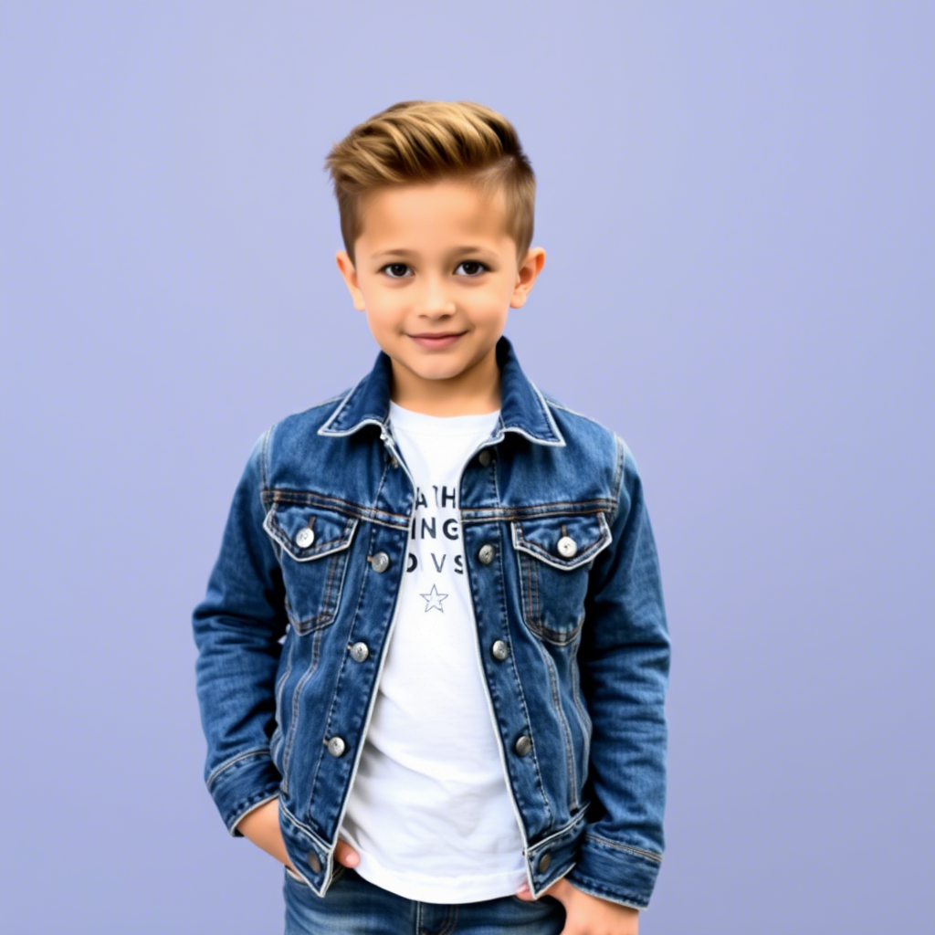 Young boy wearing stylish denim jacket and jeans