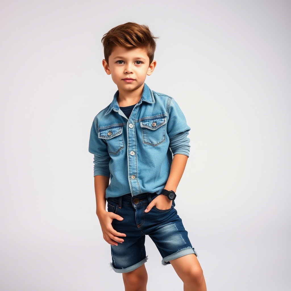Young boy wearing stylish jeans and trendy shorts in a fashion studio