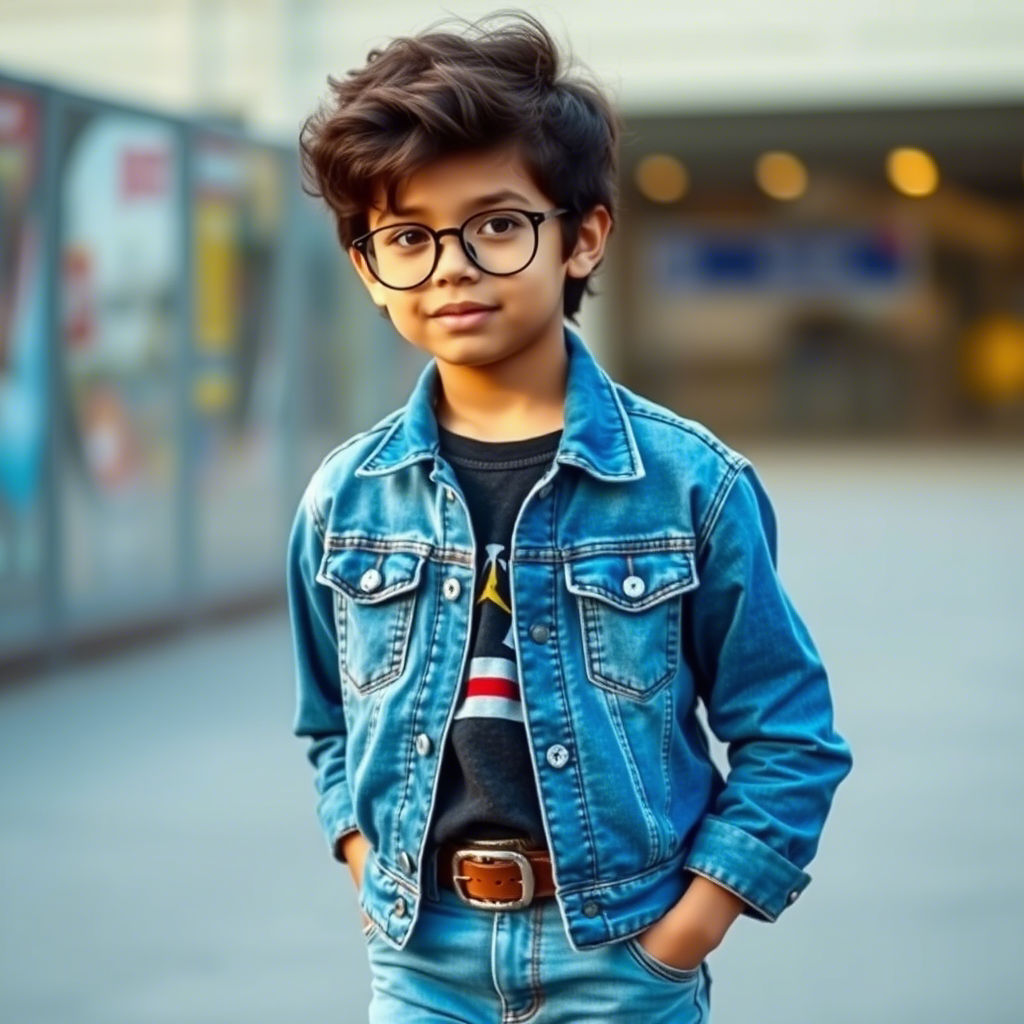 Young boy wearing trendy jeans and a casual denim jacket for a relaxed day out