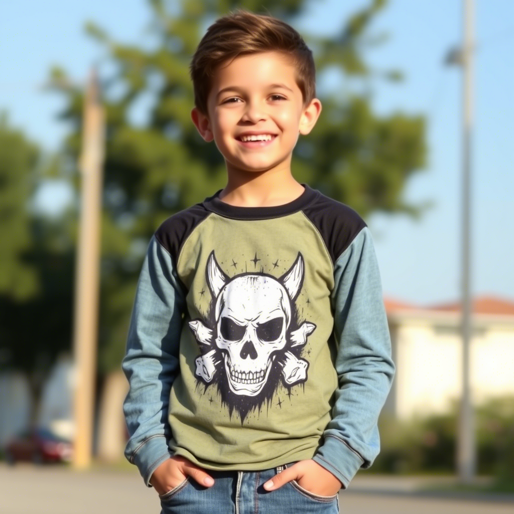 Young boy wearing trendy jeans and a graphic T-shirt, smiling outdoors