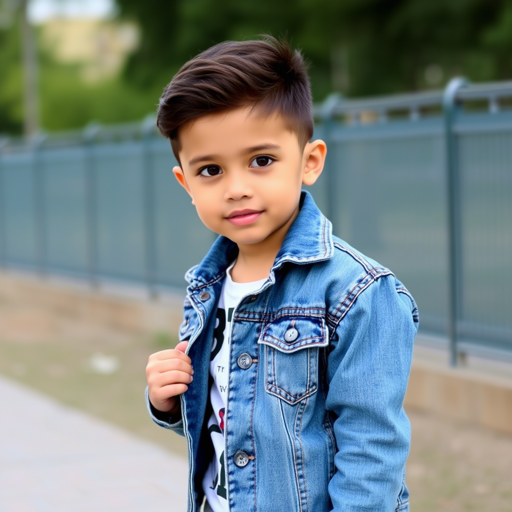 Young boy wearing trendy jeans and denim jacket outdoors