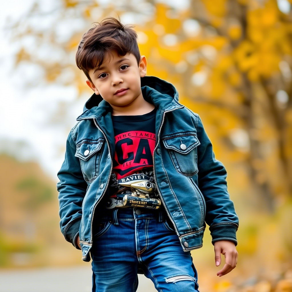 Young boy wearing trendy jeans and jacket outdoors