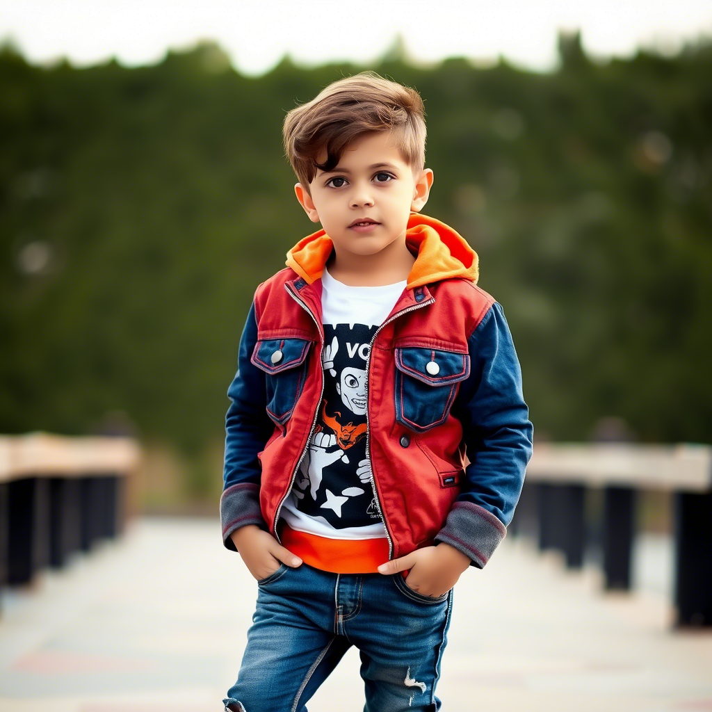 Young boy wearing trendy jeans and jacket outdoors