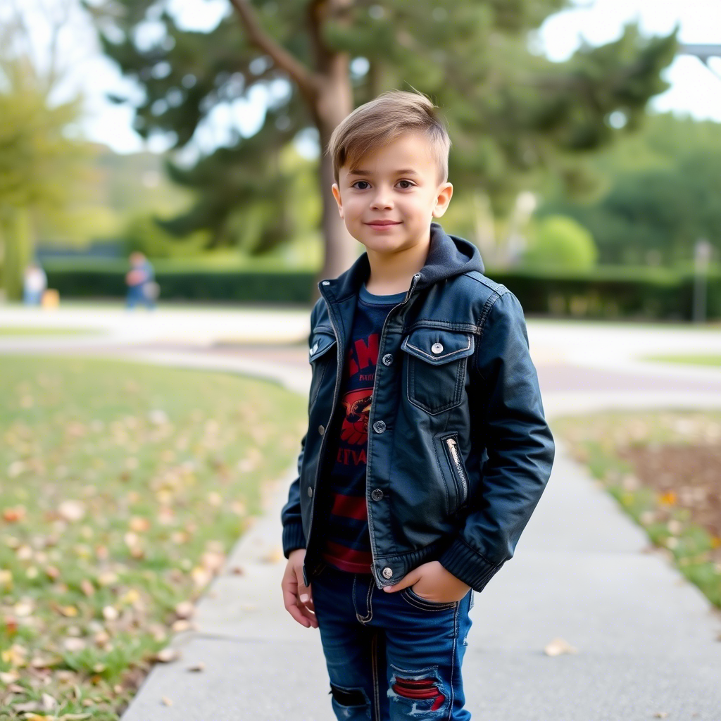 Young boy wearing trendy jeans and jacket, standing in a park.