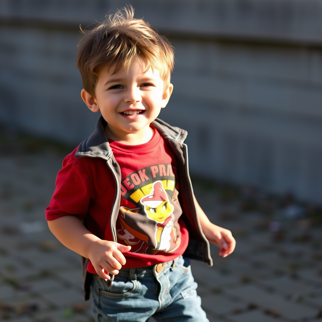 Young boy wearing trendy jeans and playing outside happily