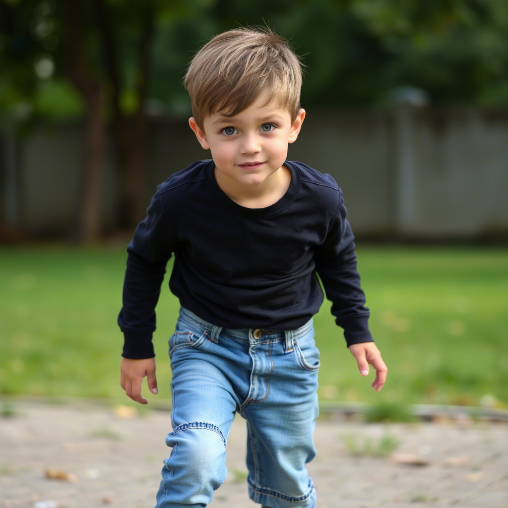 Young boy wearing trendy jeans and playing outside