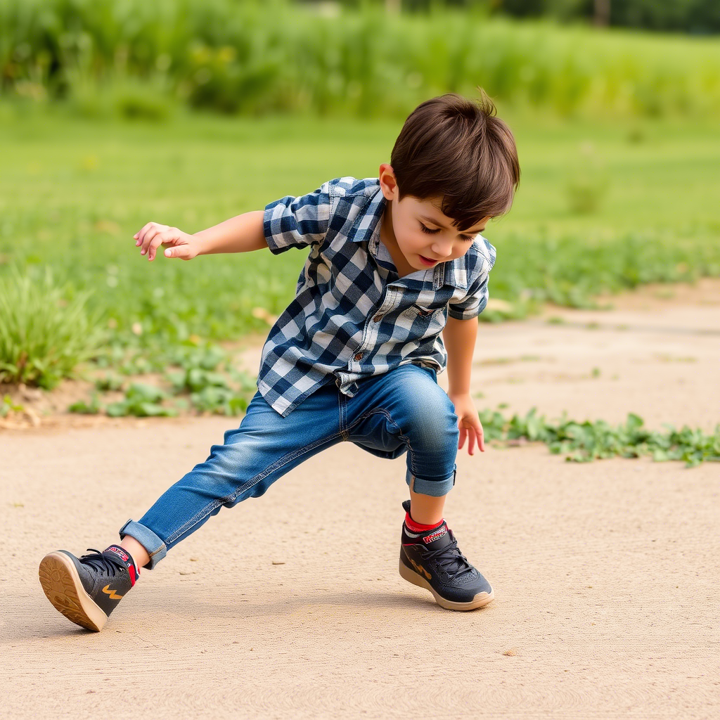 Young boy wearing trendy jeans and shorts playing outside