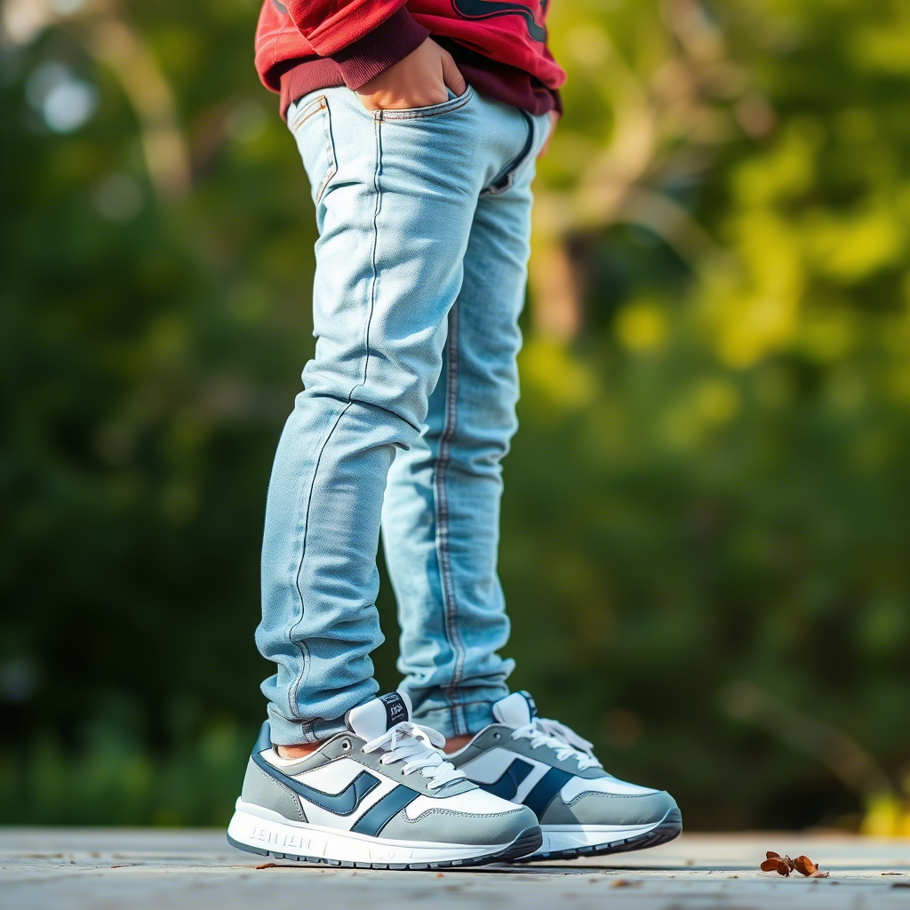 Young boy wearing trendy jeans and sneakers outdoors