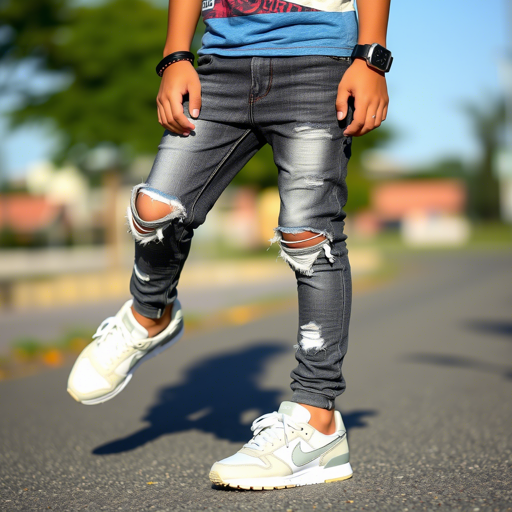 Young boy wearing trendy ripped jeans and sneakers outdoors