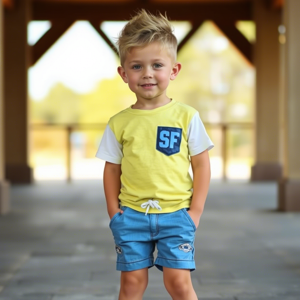 Young boy wearing trendy shorts from popular kids’ clothing brand
