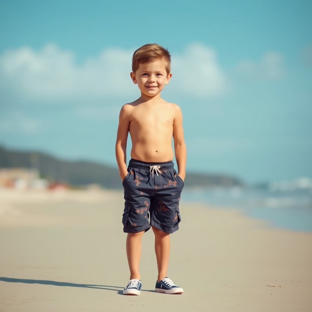 Young boy wearing trendy shorts standing in a beach