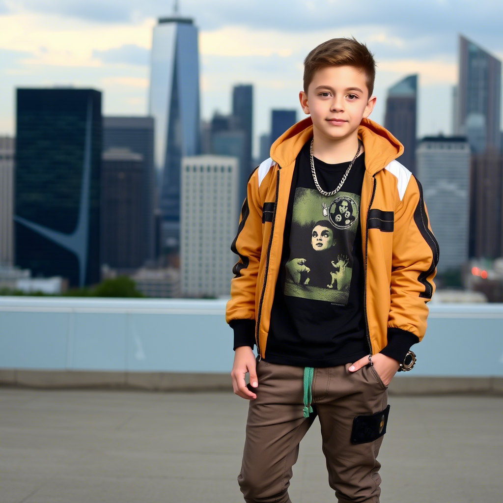 Young boy wearing trendy streetwear outfit standing in front of a city skyline