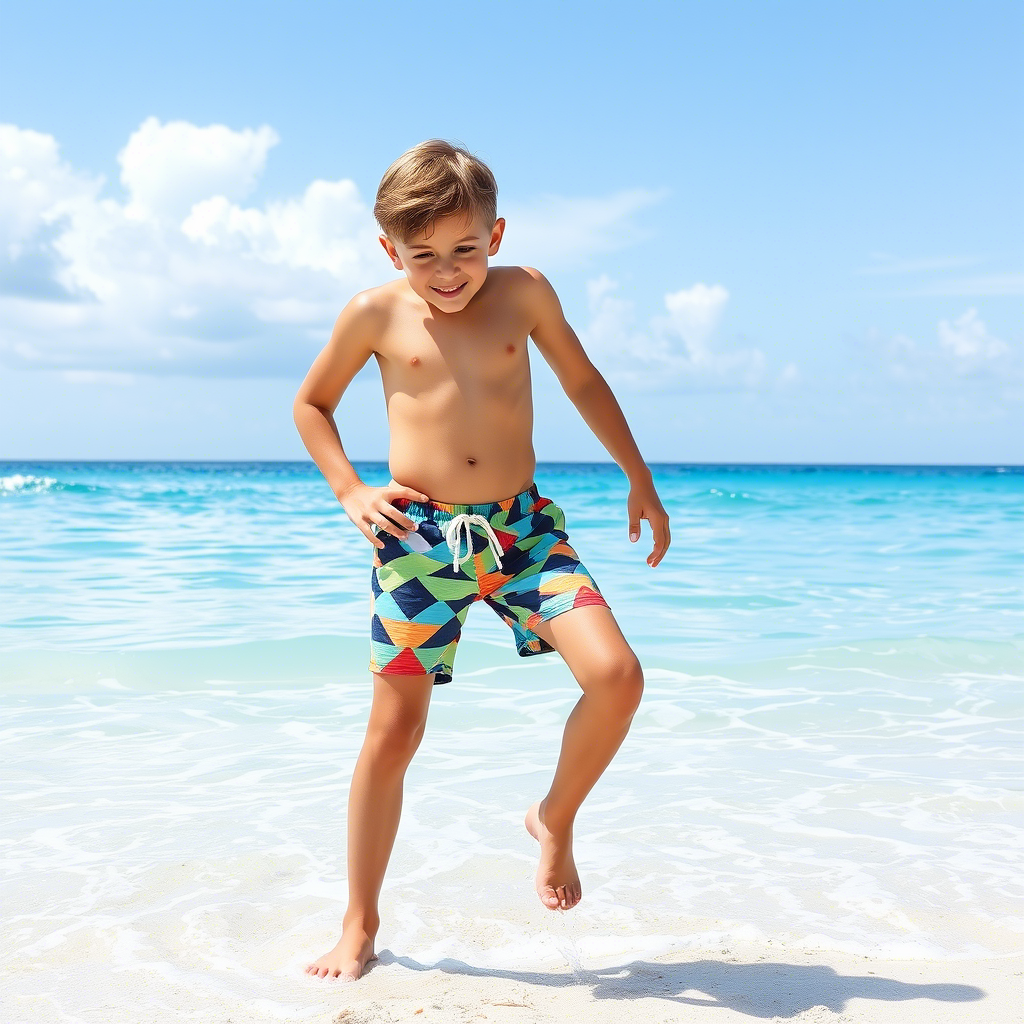 Young boy wearing trendy swim trunks on beach vacation