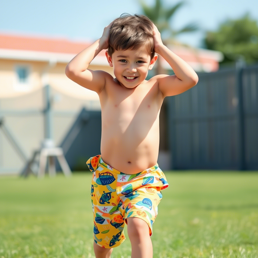 Young boy wearing vibrant summer shorts and playing outside