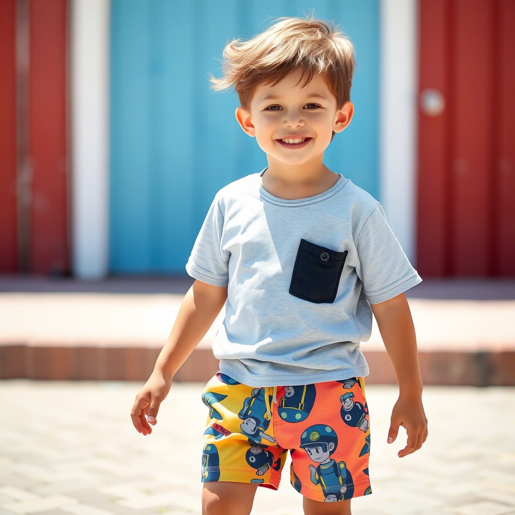 Young boy wearing vibrant summer shorts for kids