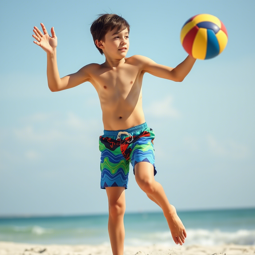 Young boy wearing vibrant swim trunks playing beach volleyball