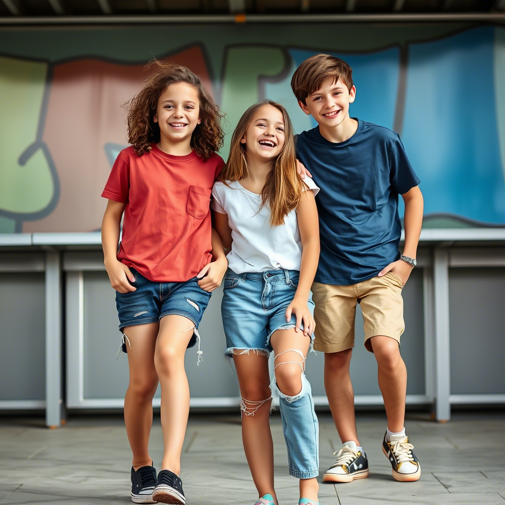 Young boys and girls wearing casual shorts and jeans laughing