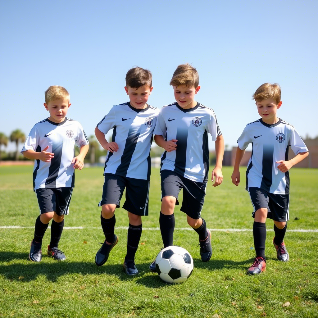 Young boys in matching outfits playing soccer together