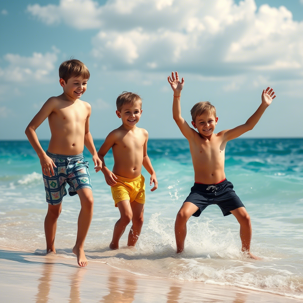 Young boys in swim trunks having fun at the beach