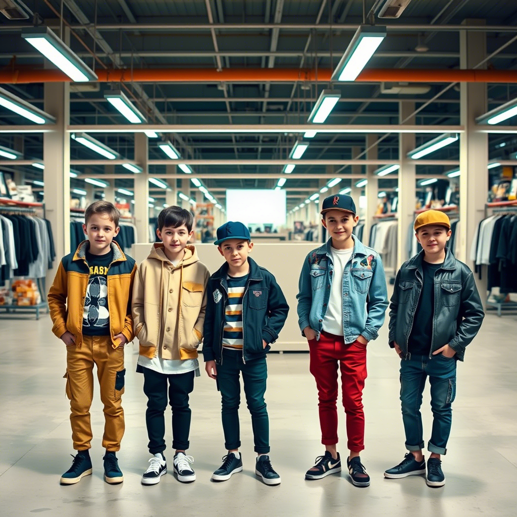 Young boys in trendy outfits standing in front of a clothing factory