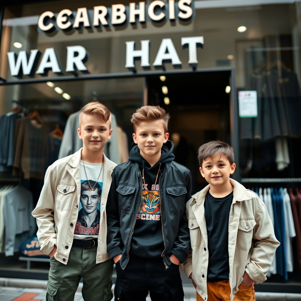 Young boys in trendy outfits standing in front of a clothing warehouse