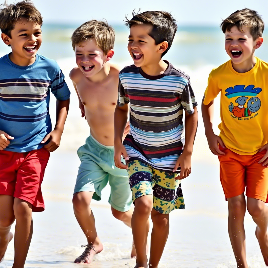 Young boys laughing and playing in colorful shorts and T-shirts at the beach