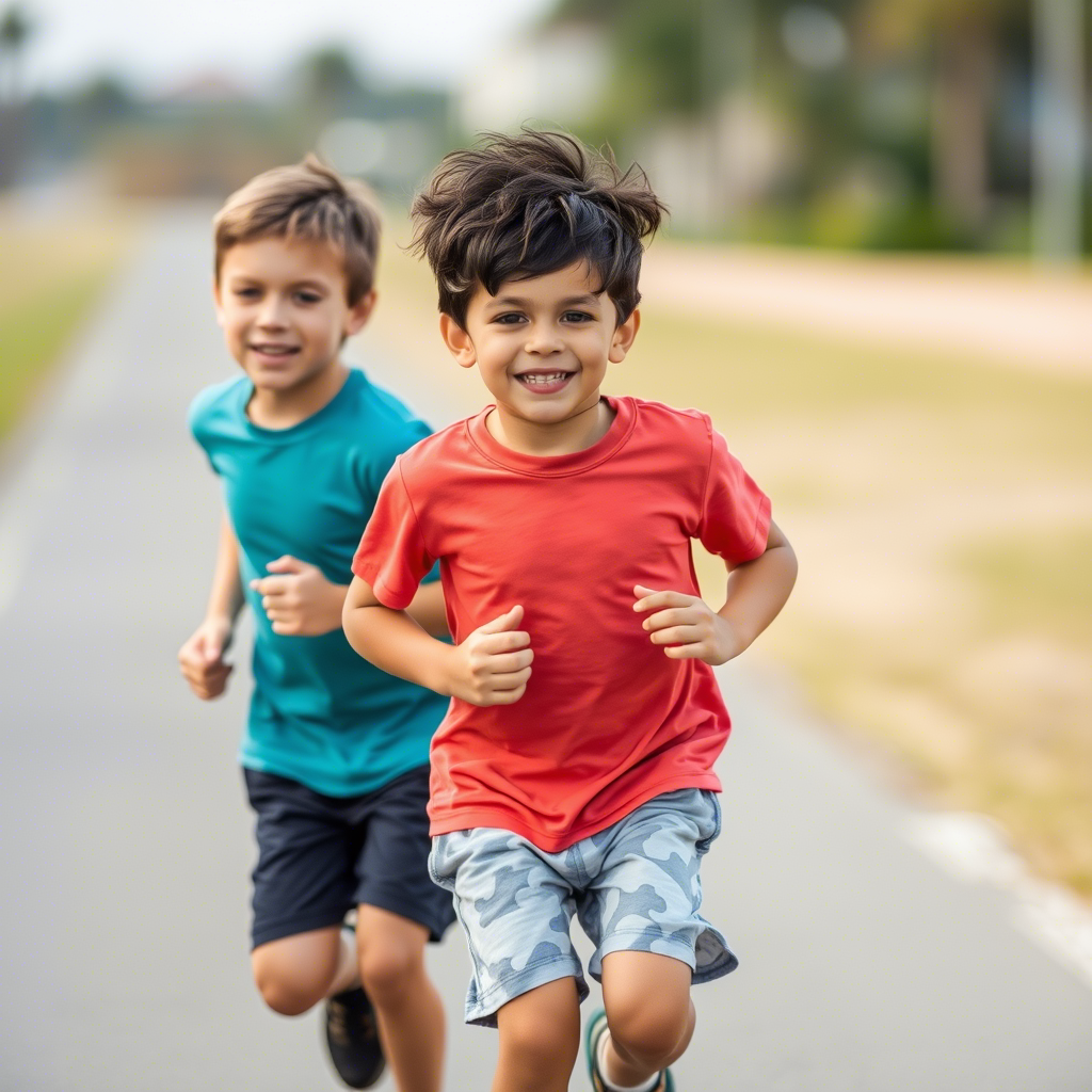 Young boys running in colorful t-shirts and comfortable shorts