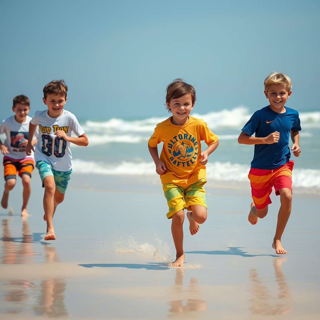Young boys running on beach in colorful shorts and T-shirts