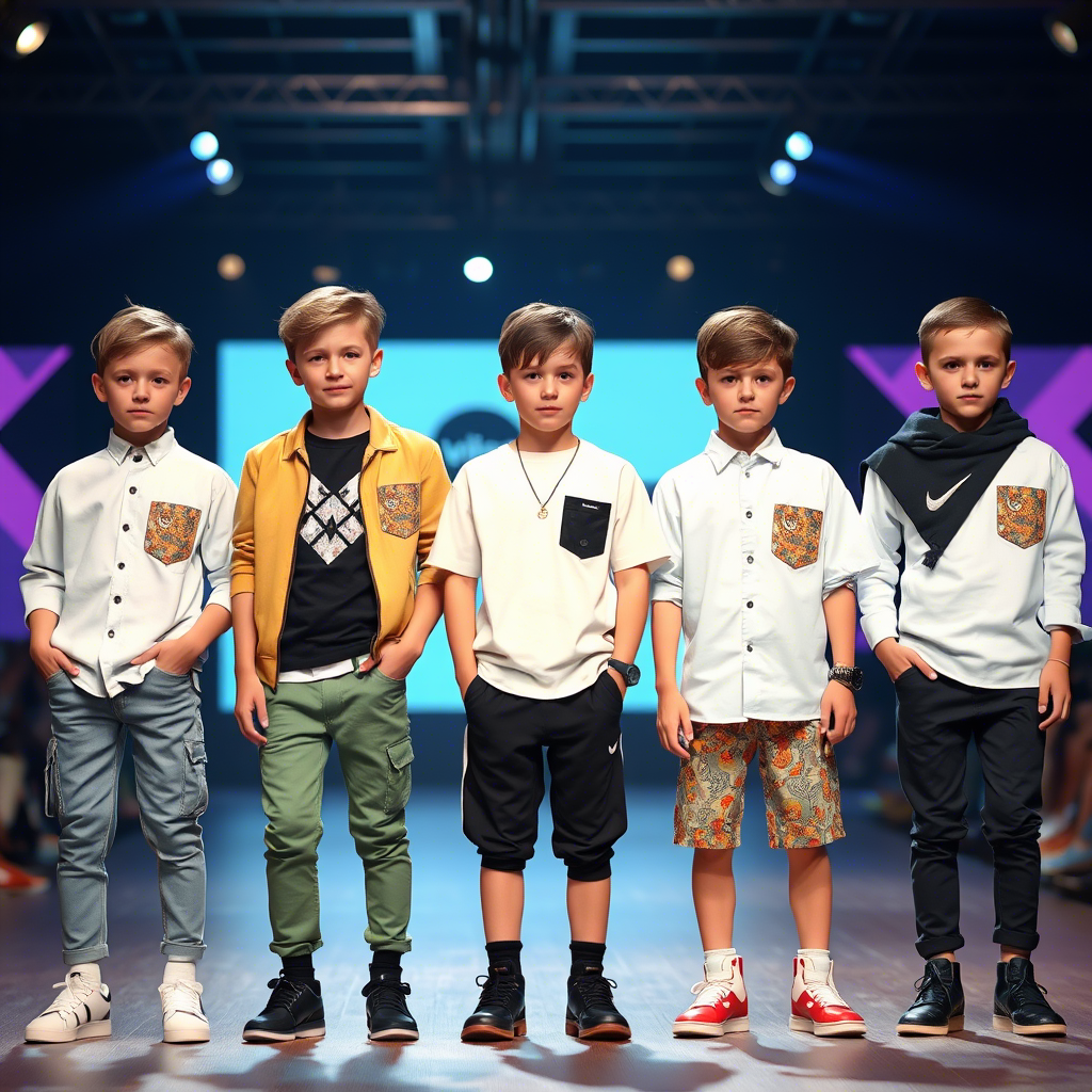 Young boys wearing trendy clothing sets standing in a fashion show