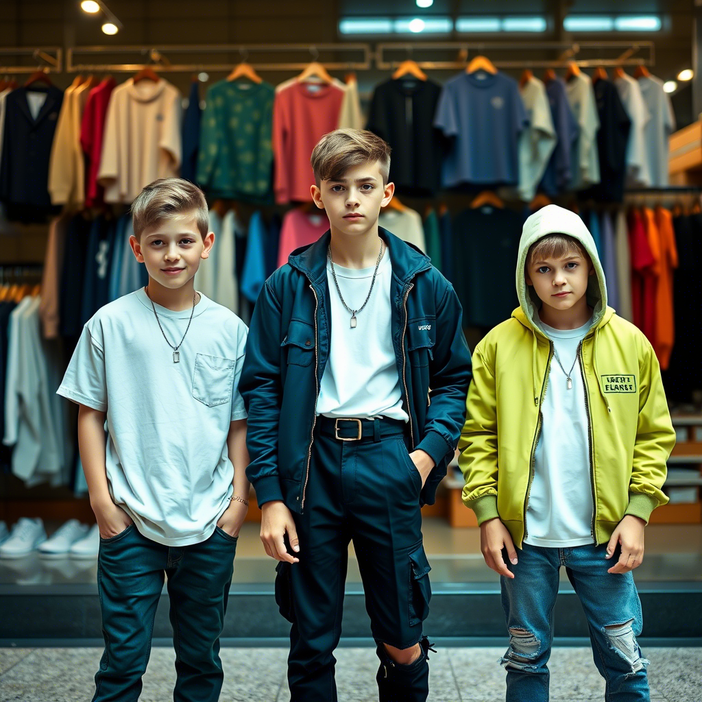 Young boys wearing trendy outfits standing in front of a clothing warehouse