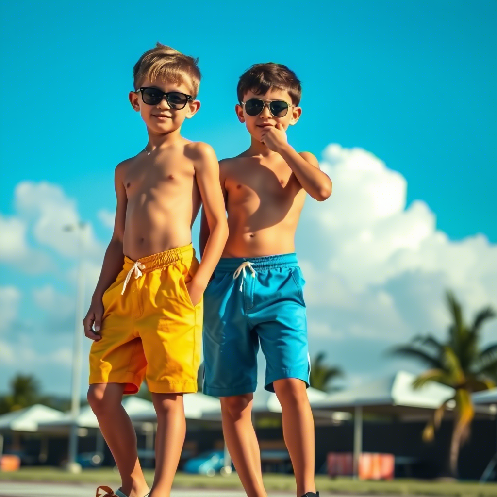 Young boys wearing trendy shorts in a vibrant outdoor setting