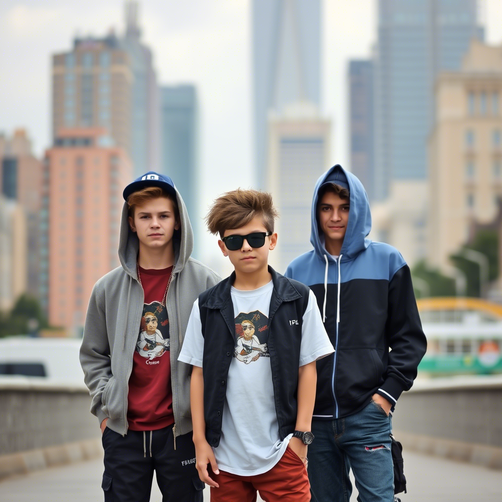 Young boys wearing trendy streetwear outfits standing in front of a city backdrop