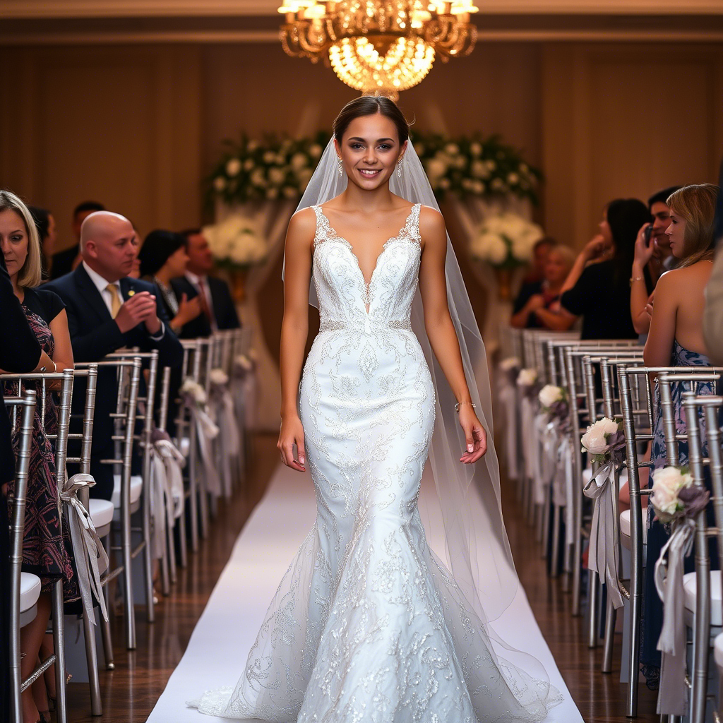 Young bride in a dazzling sequined wedding dress walking down the aisle