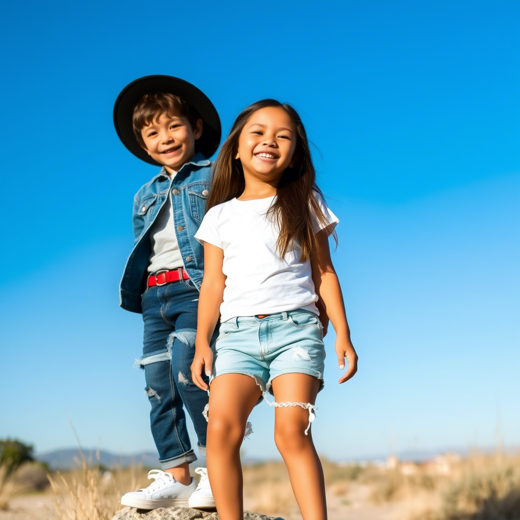Young children happily wearing trendy jeans and shorts together