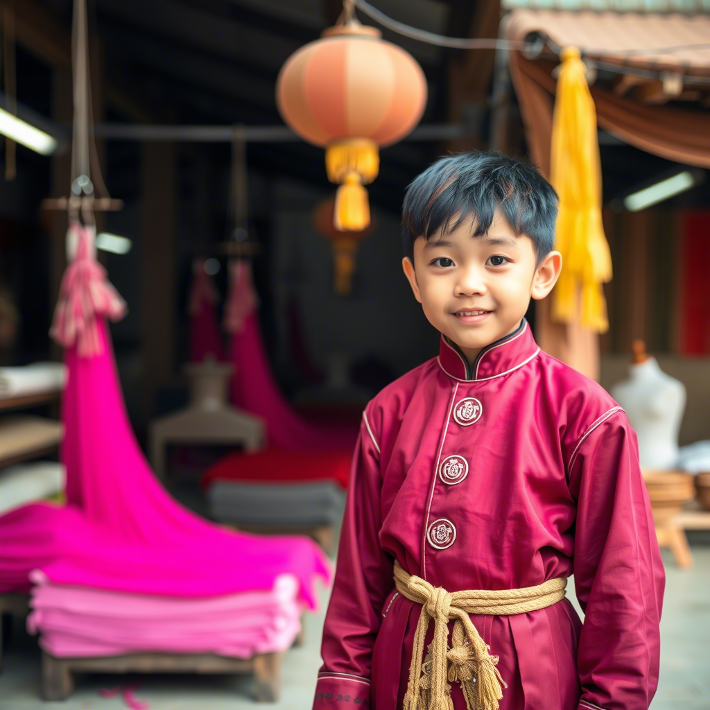 Young Chinese boy wearing traditional clothing standing in front of a silk factory